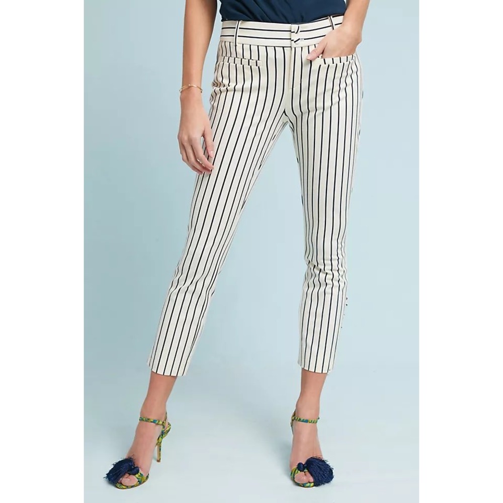 Anthropologie The Essential Slim Striped Ankle Pants Ivory Black‎ Button Hem 4